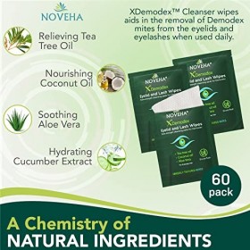 NOVEHA Demodex Lingettes pour paupières et cils | Boîte de 60 lingettes nettoyantes extra résistantes emballées individuellem