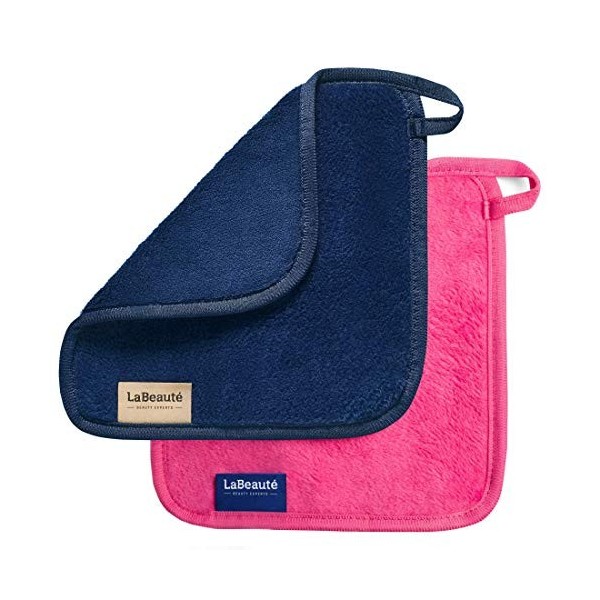 LaBeauté Lingettes démaquillantes en microfibre 2 pièces, 21 x 21 cm, bleu foncé et rose Nettoyage du visage & démaquillant