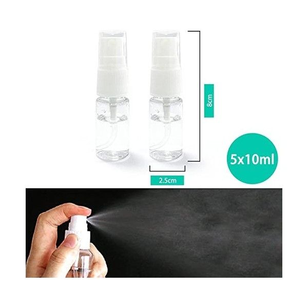 Lot de 5 flacons vaporisateurs de 10 ml en plastique transparent - Pour femme et homme - Rechargeable - Articles de toilette 