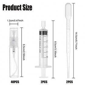 Lot de 40 mini vaporisateurs vides en plastique de 3 ml, flacon déchantillon de parfum vide portable avec pipette de 2 ml, p