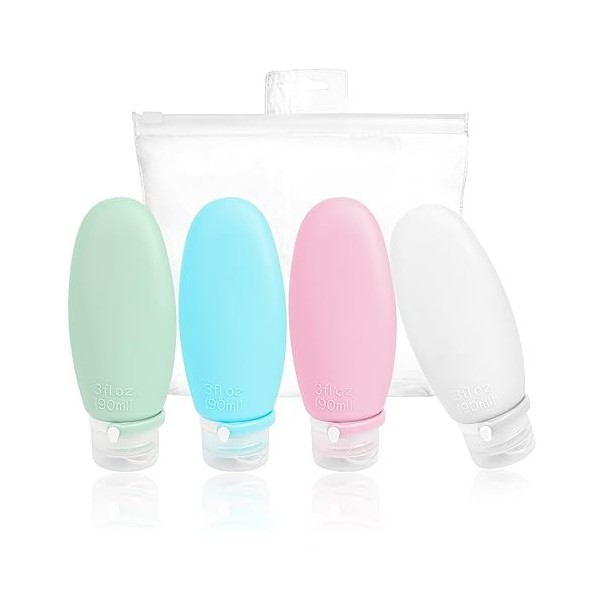 VFANDV 4 Pcs Flacon Voyage, 90ML Flacon Voyage en Silicone, Flacon Voyage Silicone Contenant Voyage Étanches, Anti-fuites Bou