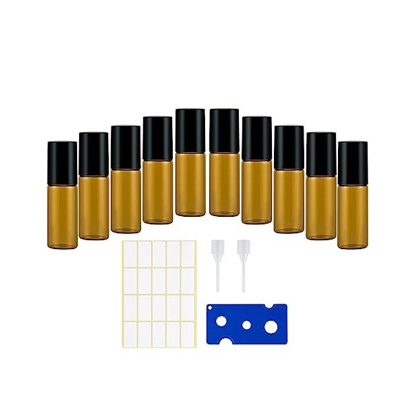 Kieswan 10Pcs Flacon Roll On Vide 5 ml, Roll On Huiles Essentielles Ambré Flacon Verre Mini Bouteille avec décapsuleur, étiqu