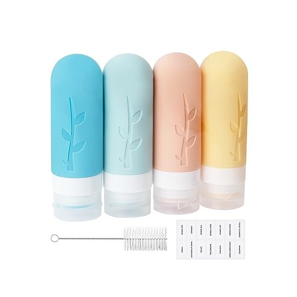 AiQInu Flacons De Voyage En Silicone, 4 PièCes 90ml Contenant Voyage, Avec éTiquette Et Brosse De Nettoyage, Bouteilles De Vo