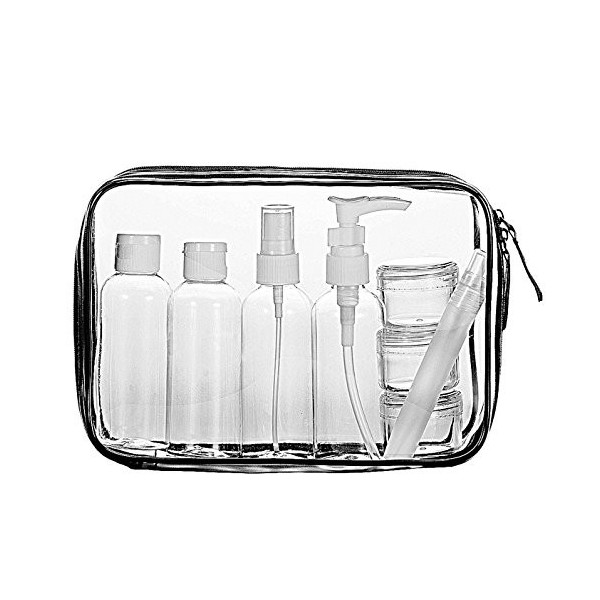 LUZWAY Trousse de Toilette Transparente + 8 Bouteilles Vide de Voyage pour Liquides Max.100ml , Kit de Voyage pour l’Avion, 