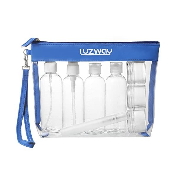 LUZWAY Trousse de Toilette Transparente + 8 Bouteilles Vide de Voyage pour Liquides Max.100ml , Kit de Voyage pour l’Avion, 