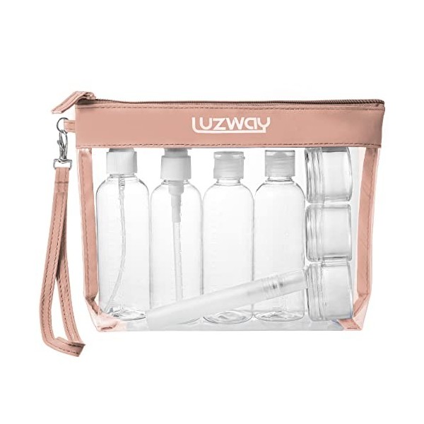 LUZWAY Trousse de Toilette Transparente + 8 Bouteilles Vide de Voyage pour Liquides Max.100ml , Kit de Voyage pour l’Avion, 