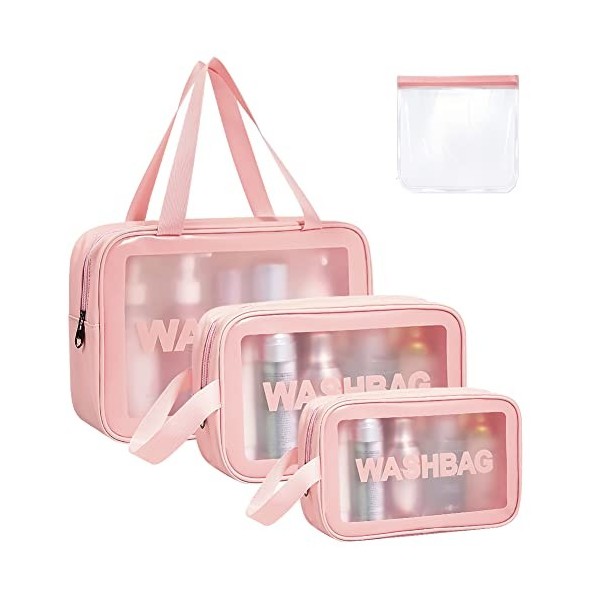 Aucuu Trousse de Toilette Transparente Set, 4PC Trousse de Toilette Étanche en PVC, Impermeable Portable Trousse de Maquillag