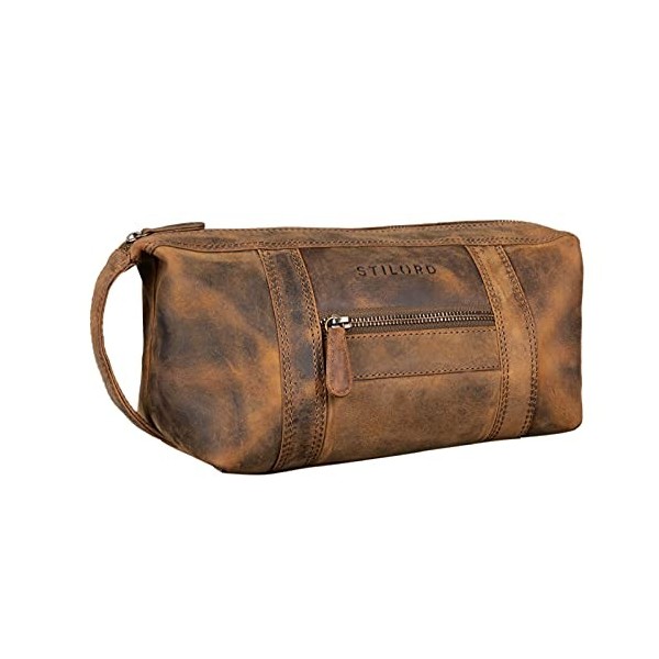 STILORD Bruno Nécessaire de Voyage Homme Cuir Vintage Trousse de Toilette avec 2 Compartiments et lAnse Étui en Cuir Vérit