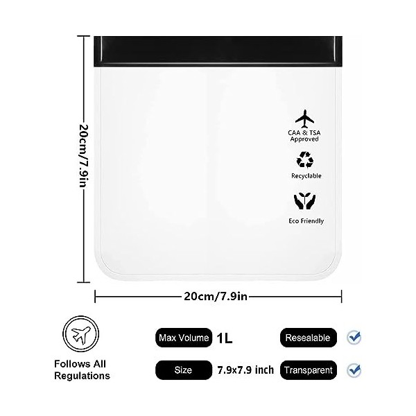 Lot de 4 trousses de toilette de voyage transparentes, approuvées par la TSA - Taille L - Étanche - Approuvées par la sécurit