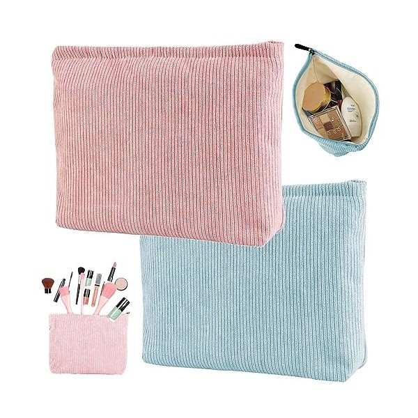 2 Pièces Trousse de Maquillage en Velours Côtelé, Trousse Maquillage Voyage avec Fermeture à Glissière Rose, Convient pour Vo