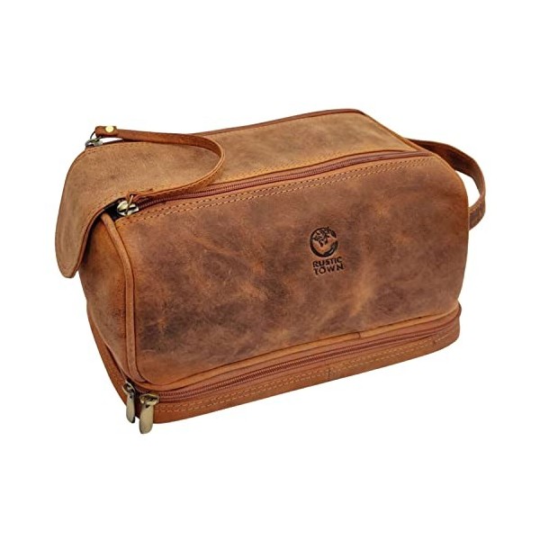 Rustic Town Trousse de Toilette Cuir Véritable - Voyage Sac Cosmétique Trousse de Maquillage Marron 