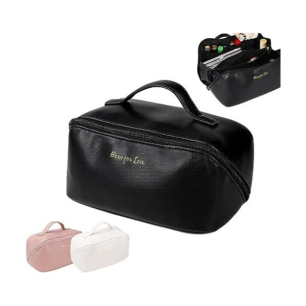 Trousse à Maquillage Grande Capacité, Portable Trousse de Toilette Femme Imperméable PU Cuir Sac Cosmétique Organisateur avec