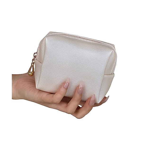 FSSTUD Petite trousse de maquillage portable en cuir synthétique - Étanche - Fermeture éclair - Pour femme et fille - Beige