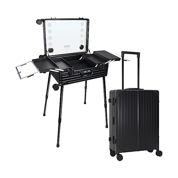 EBANKU Rolling Maquillage Valise, 24 Pouces Aluminium Coffre À Maquillage Professionnel avec Miroir Éclairé et Bluetooth Vali