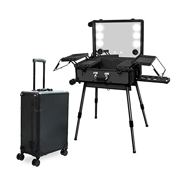 EBANKU Rolling Maquillage Valise, 24 Pouces Coffre à Maquillage Professionnel avec Miroir Éclairé et Bluetooth, Trolley à Bij