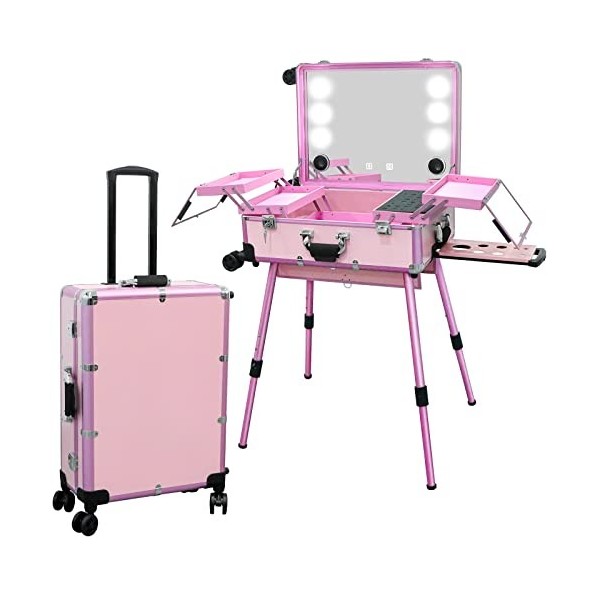 EBANKU Rolling Maquillage Valise, 24 Pouces Coffre à Maquillage Professionnel avec Miroir Éclairé et Bluetooth, Trolley à Bij