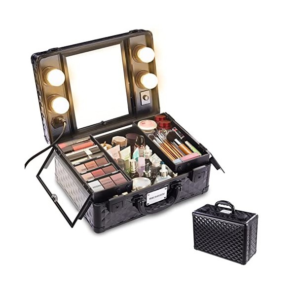 Trousse de maquillage portable avec lumières LED chaudes réglables et miroir verrouillable avec 3 zones de rangement amovible