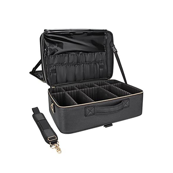 Relavel Trousse de maquillage extra large en cuir - Avec séparateurs réglables - Fixation sur chariot, Noir , Mallette de maq