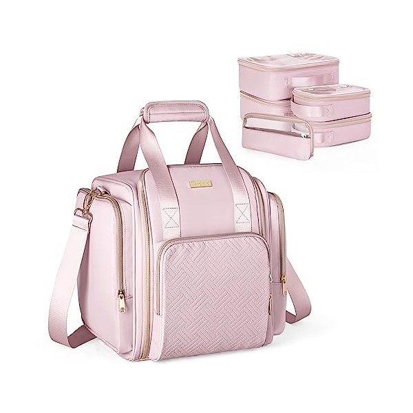 Prokva Trousse de Maquillage de Voyage avec 5 étuis Amovibles, Grand étui à Maquillage Organisateur de Maquillage, Rose Conc