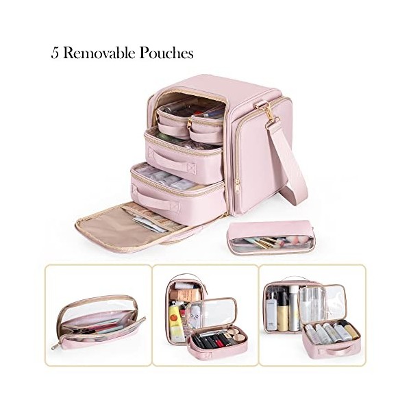 Prokva Trousse de Maquillage de Voyage avec 5 étuis Amovibles, Grand étui à Maquillage Organisateur de Maquillage, Rose Conc