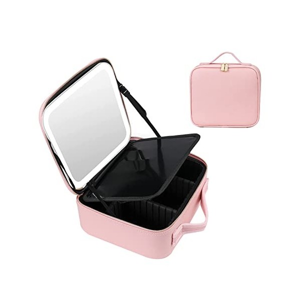 PEALOV Trousse Maquillage avec Miroir,avec 3 Lumières De Remplissage De Couleur,Sac Cosmétique en Cuir PU,Séparateurs Amovibl