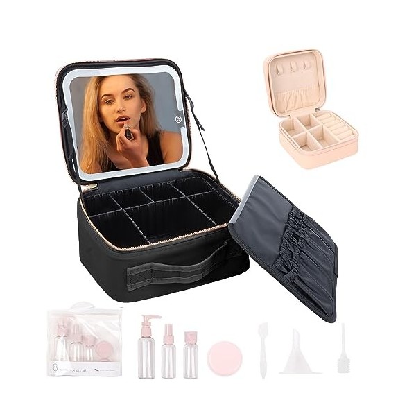 IvyH Trousse de maquillage avec miroir lumineux, étui de voyage avec séparateurs réglables, étui de maquillage portable étanc