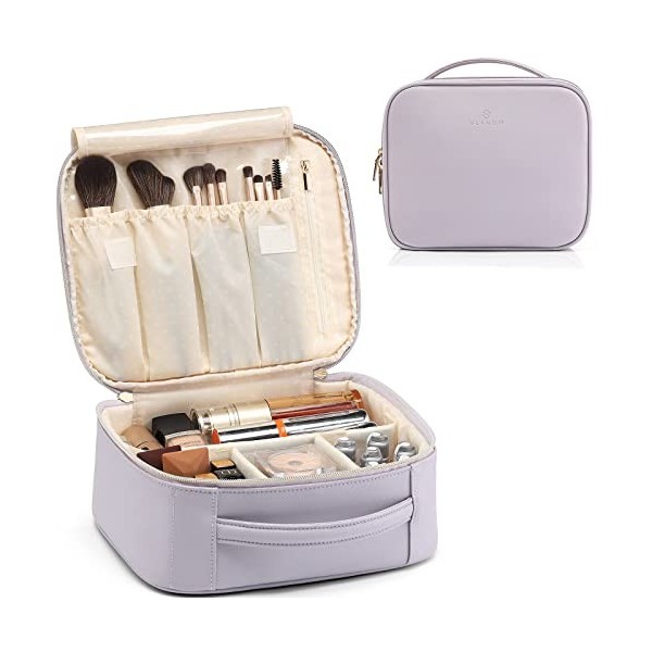 Vlando Trousse à Maquillage Femme Voyage, Imperméable Vanity Valise Étanche avec Pinceaux Pochette Compartiment, Faux Cuir, C