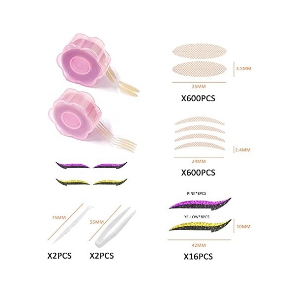 1200 bandes de paupières ， avec 2 tiges de fourche et 2 pinces à épiler, bandes de levage invisibles à double paupière ， Big 