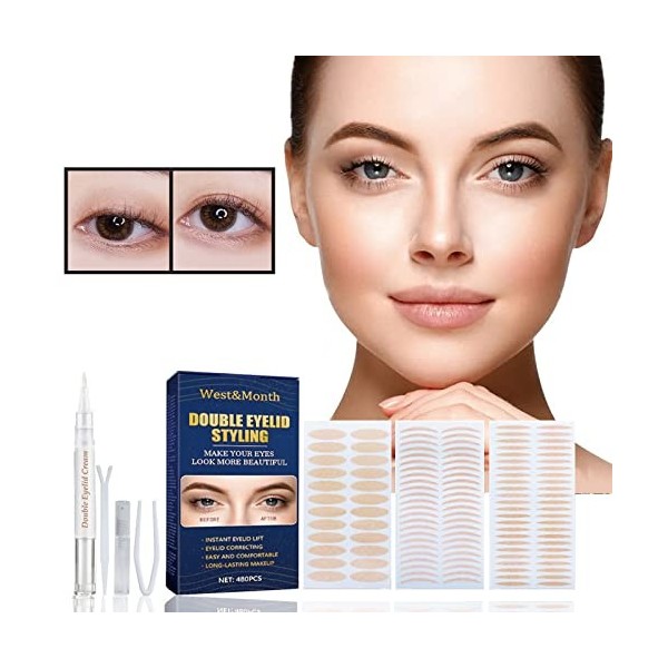 Lot de 480 bandes adhésives pour paupières à capuche, ultra invisibles sans chirurgie - Outils de beauté pour affaisser les y