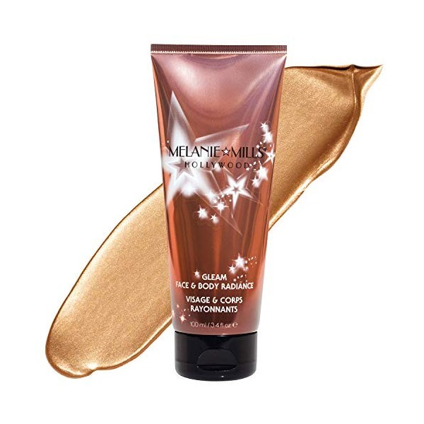 Melanie Mills Hollywood Gleam Body Radiance All In One Makeup, Moisturizer & Glow For Face & Body - Peach Deluxe, 3.4 fl.oz.