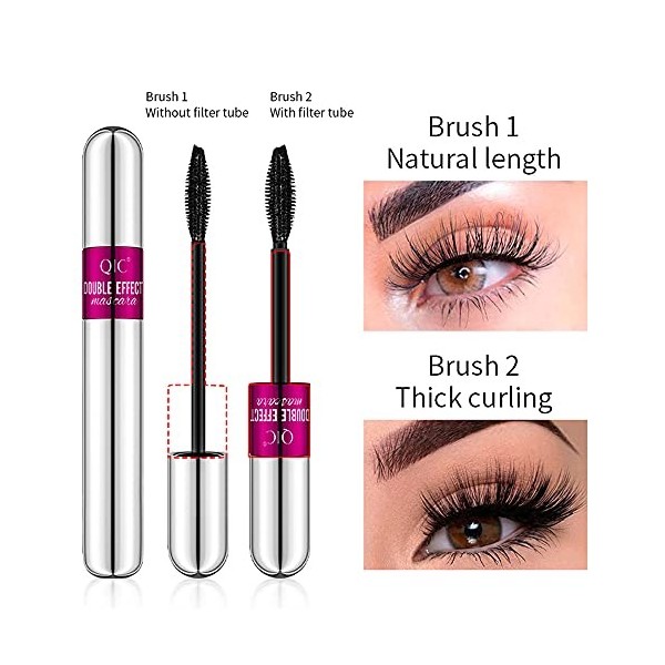 Mascara double embout en fibre de soie 4D, Mascara 2 en 1 pour un effet allongeant et épaississant naturel, Cils extra longs 