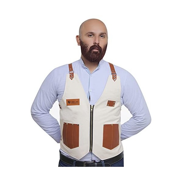 FLAMIA & JABZ Tablier style gilet pour barbier, coiffeur et coiffeur professionnel blanc cassé 