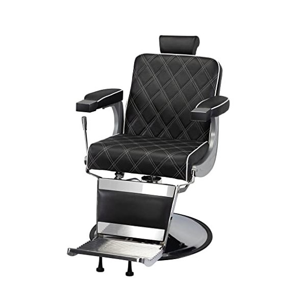 FLOYINM Reclining Barber Chair Hydraulic Salon Chair with Diamond Pattern - Black+Silver