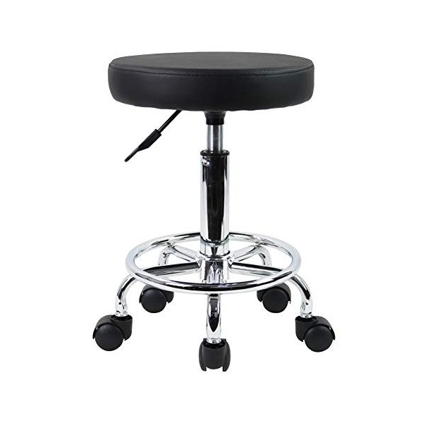 KKTONER Tabouret à roulettes de Bureau Tabouret de Bar réglable en Hauteur 49-64cm en Cuir synthétique Noir