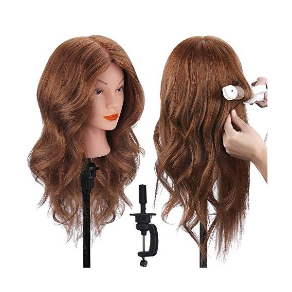 18" Tête à coiffer 100% Cheveux Naturel Vrai Cheveux Humains Mannequin Tête Formation Coiffure avec Support + Ensemble de Tre