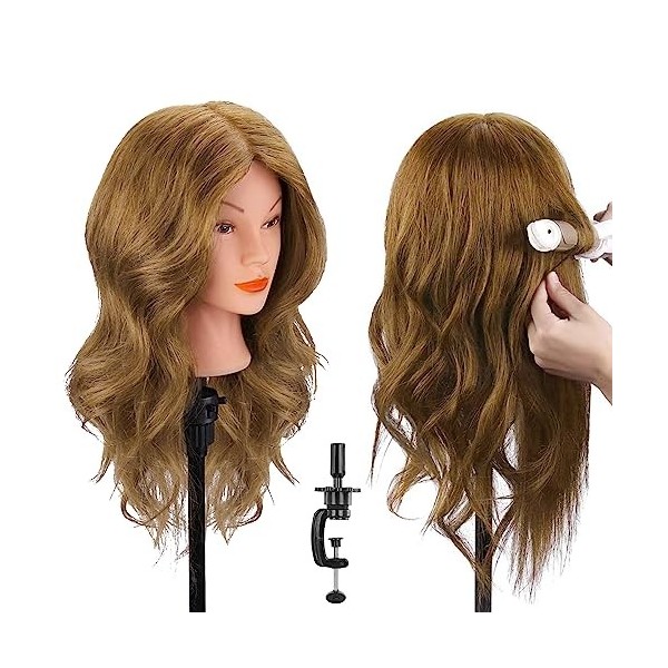 18" Tête à coiffer 100% Cheveux Naturel Vrai Cheveux Humains Mannequin Tête Formation Coiffure avec Support + Ensemble de Tre