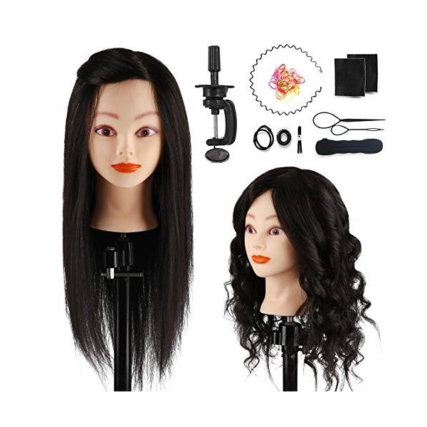 18" Tête à coiffer 100% Cheveux Naturel Vrai Cheveux Humains Mannequin Tête Formation Coiffure avec Support + Ensemble de Tre