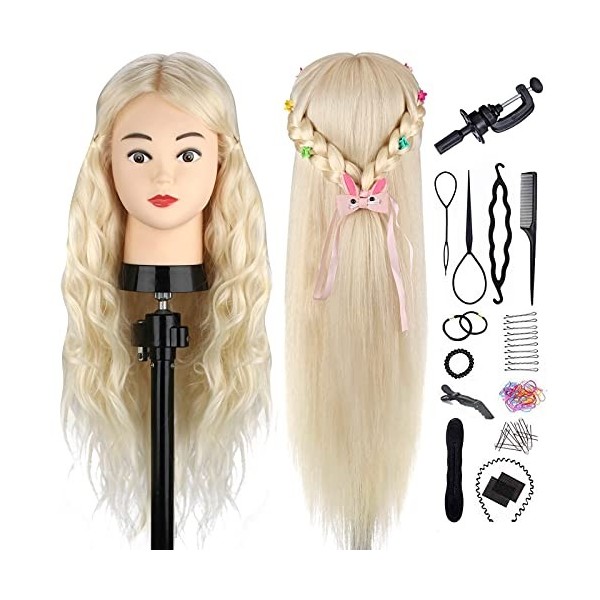 18" Tête à coiffer 100% Cheveux Naturel Vrai Cheveux Humains Mannequin Tête Formation Coiffure avec Support + Ensemble de Tre