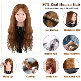SZCY LLC 23,5 pouces 80% cheveux réels formation tête beauté maquillage coiffure mannequin poupée mannequin tête avec support