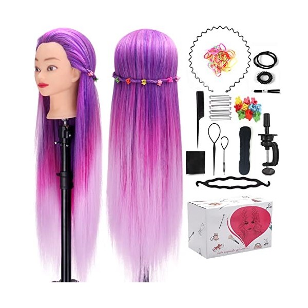 Têtes dexercice pour coiffure, MYSWEETY 66CM 100% Cheveux Fibre Synthétique pour Salon de Coiffer Enfant, Violet Coloré Tête