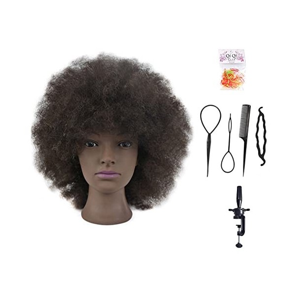 Tête dentraînement afro de 25,4 cm - Cheveux 100% humains - Tête de mannequin pour coiffure - Pince incluse