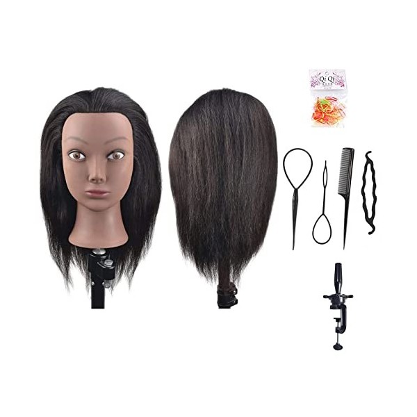 Tête dentraînement afro de 25,4 cm - Cheveux 100% humains - Tête de mannequin pour coiffure - Pince incluse