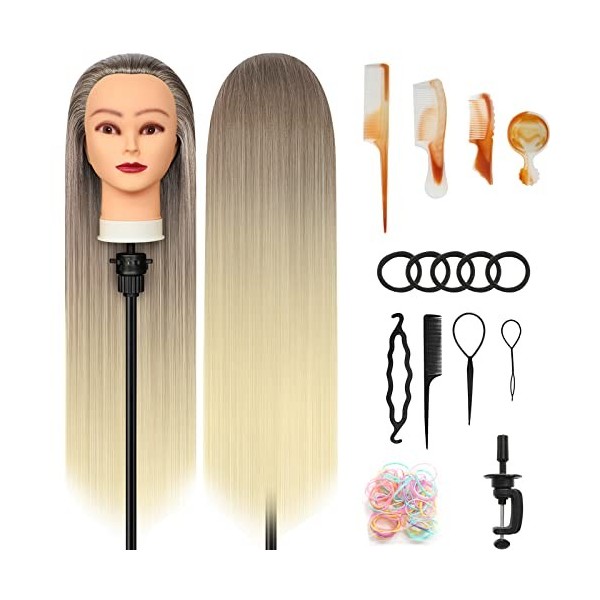 Tete a Coiffer, 28 inch Tête de coiffure 100% de Cheveux Synthétiques Têtes dexercice pour le Salon Coiffeur Poupée avec Sup