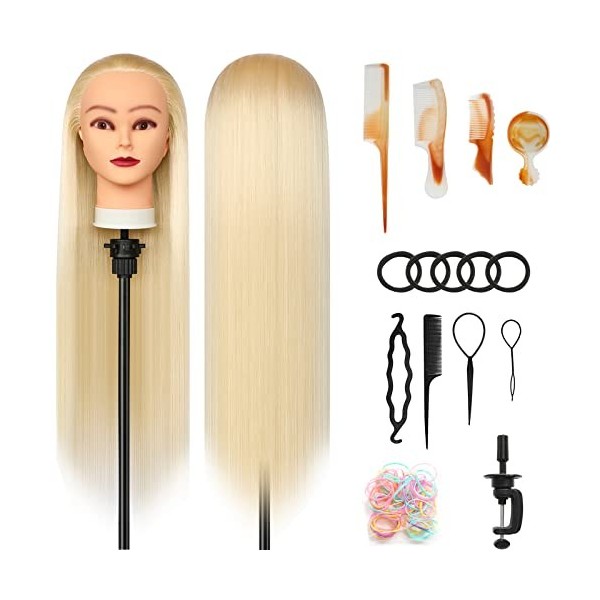 Tete a Coiffer, 28 inch Tête de coiffure 100% de Cheveux Synthétiques Têtes dexercice pour le Salon Coiffeur Poupée avec Sup