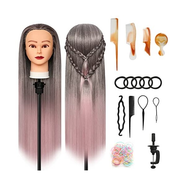 Tete a Coiffer, 28 inch Tête de coiffure 100% de Cheveux Synthétiques Têtes dexercice pour le Salon Coiffeur Poupée avec Sup