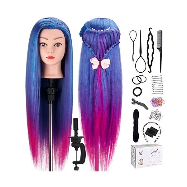 TopDirect 26" Têtes dexercice Tête À Coiffer Coiffure Cosmétologie Pratique Mannequin Poupée 100% de Cheveux Synthétiques + 