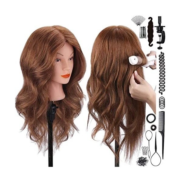 SZCY LLC Tête de mannequin avec cheveux 100 % humains, 45,7 cm, marron foncé, tête de mannequin de cosmétologie pour la coiff