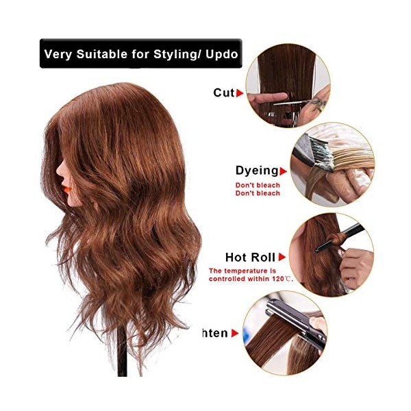 SZCY LLC Tête de mannequin avec cheveux 100 % humains, 45,7 cm, marron foncé, tête de mannequin de cosmétologie pour la coiff