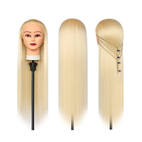 Tete a Coiffer，28 Inch Tête de coiffure 100% de Cheveux Synthétiques Têtes dexercice avec Support + Ensemble de Tresse Blon