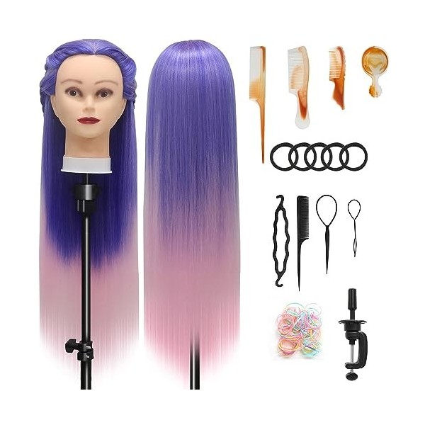 Tete a Coiffer, 28 Inch Tête de coiffure 100% de Cheveux Synthétiques Têtes dexercice avec Support + Ensemble de Tresse Arc